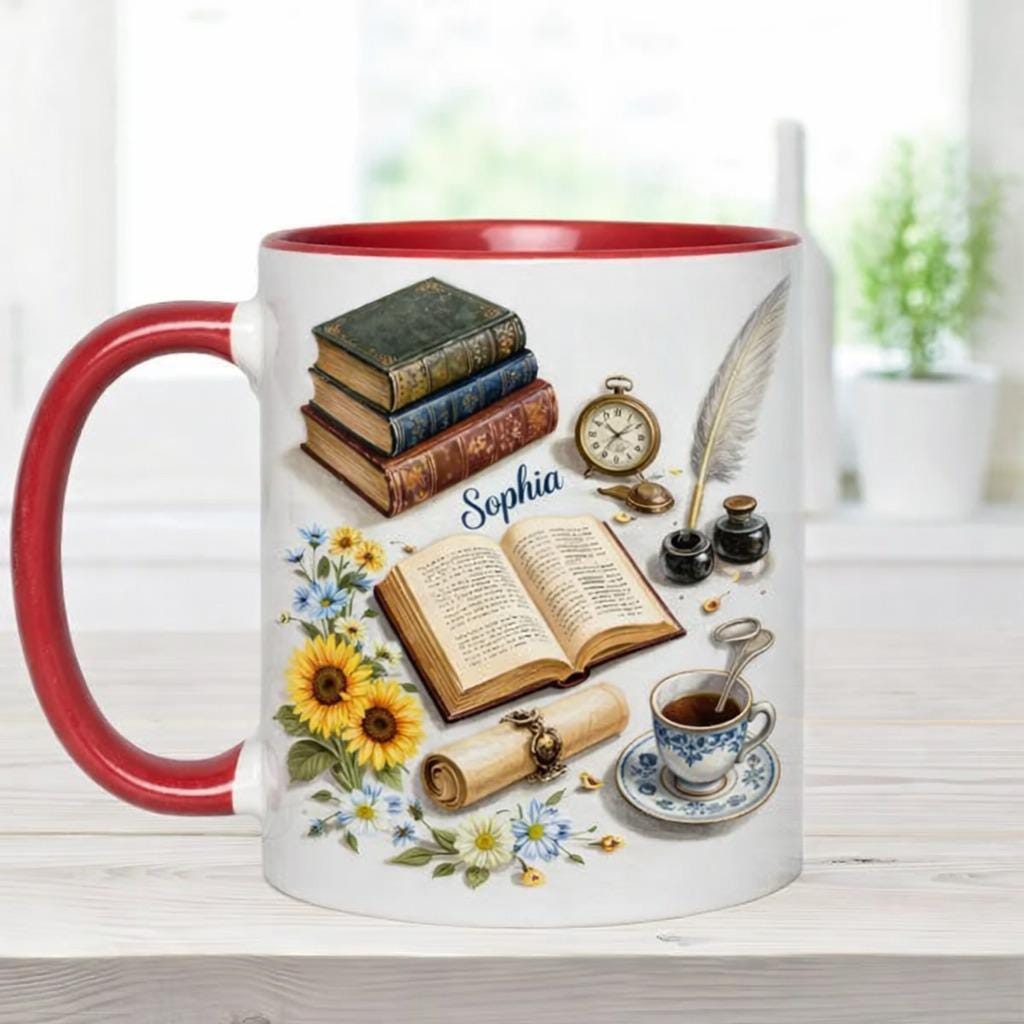 Personalized Book Lover Mug, Custom Name Reading Coffee Mug, Vintage Books Tea Cup, Gift for Readers & Writers