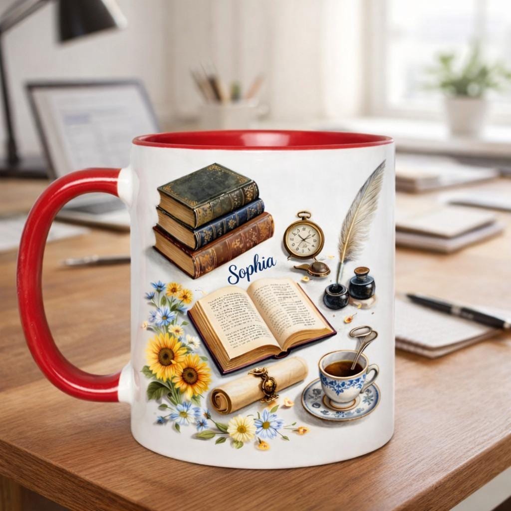 Personalized Book Lover Mug, Custom Name Reading Coffee Mug, Vintage Books Tea Cup, Gift for Readers & Writers