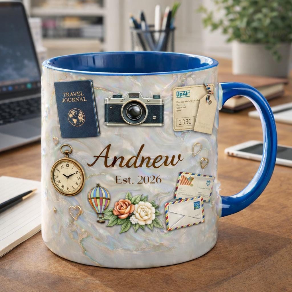 Personalized Travel Mug with Name, Custom Coffee Mug, Wanderlust Gift for Travelers, Adventure Lover Mug, Unique Birthday Gift, Est Year Mug