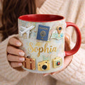 Personalized Travel Mug with Name, Custom Passport Camera Suitcase Coffee Mug, Wanderlust Gift for Traveler, Vacation Lover Mug,