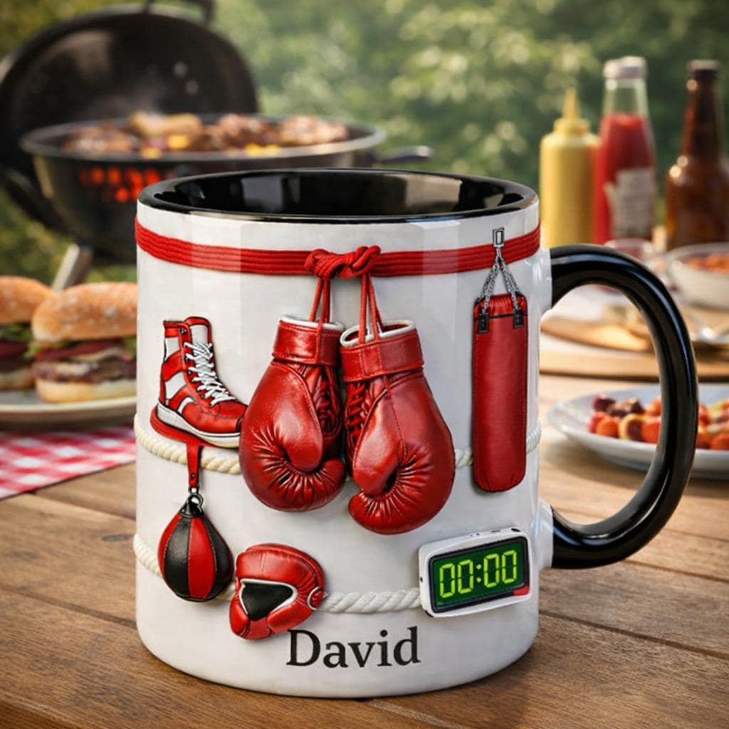 Personalized Boxing Coffee Mug with Name, Boxing Gloves & Gym Gear Ceramic Mug, Fighter Training Cup, Gift for Boxer or Coach
