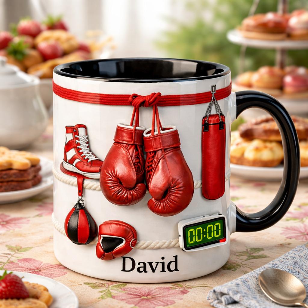 Personalized Boxing Coffee Mug with Name, Boxing Gloves & Gym Gear Ceramic Mug, Fighter Training Cup, Gift for Boxer or Coach