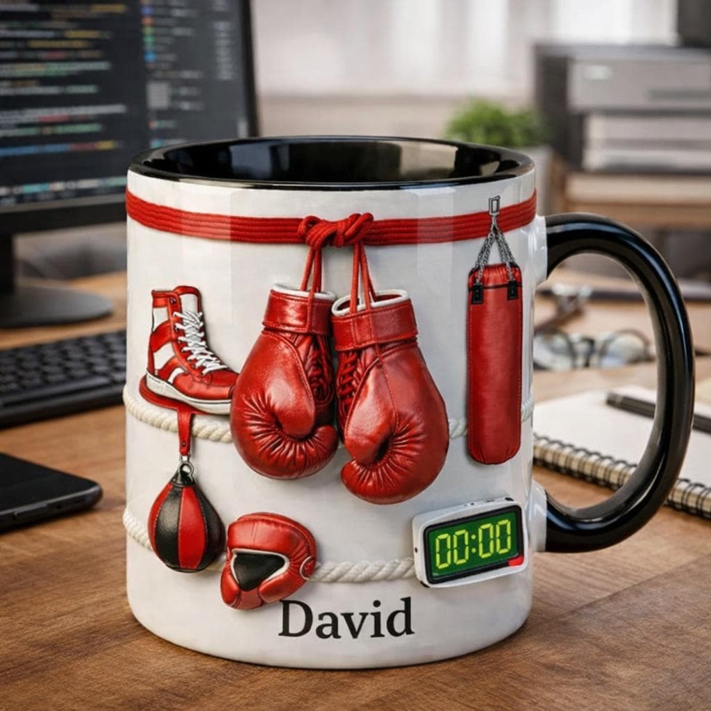 Personalized Boxing Coffee Mug with Name, Boxing Gloves & Gym Gear Ceramic Mug, Fighter Training Cup, Gift for Boxer or Coach
