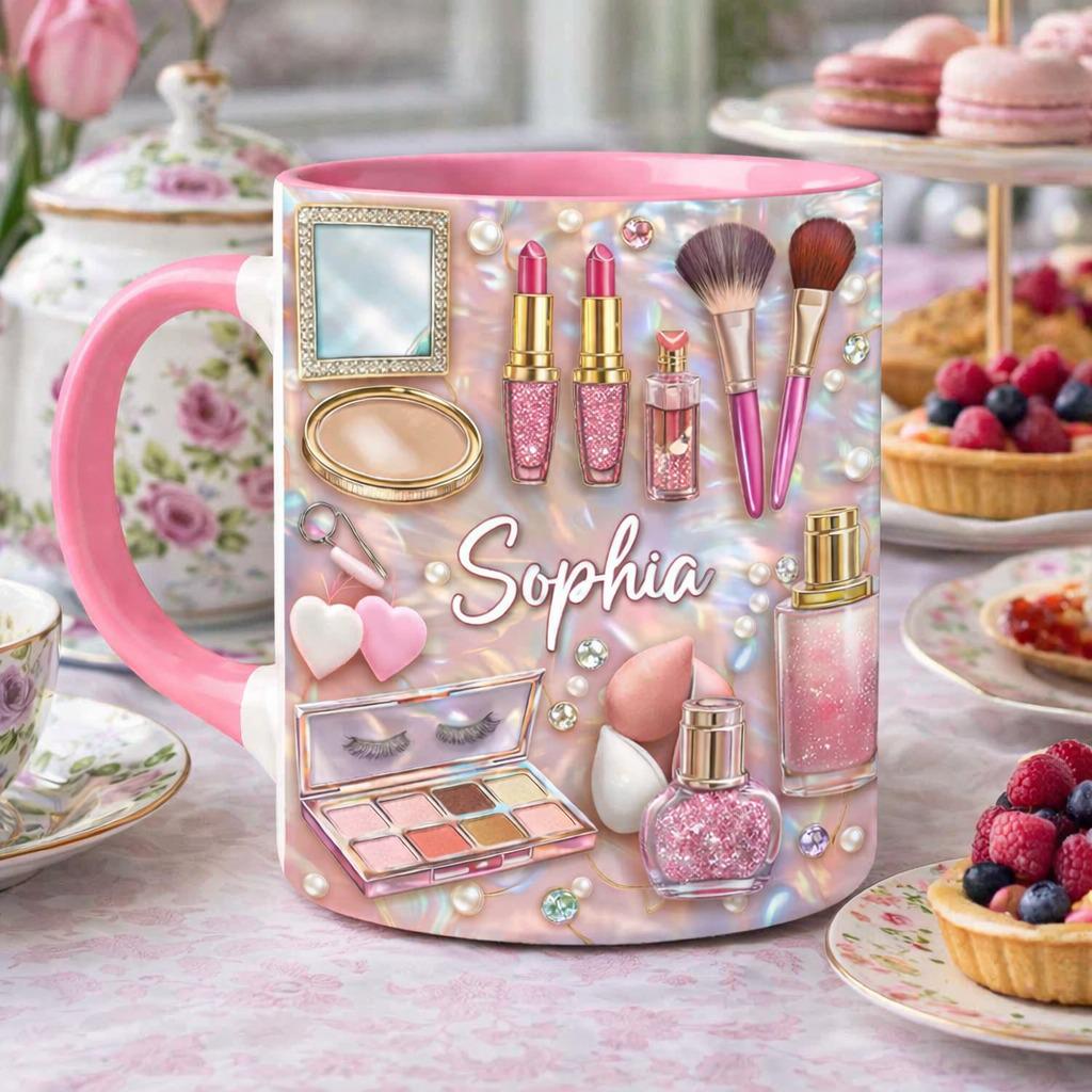 Personalized Makeup Mug, Custom Name Beauty Coffee Mug, Girly Pink Cosmetic Mug, Makeup Lover Gift, Birthday Gift for Her