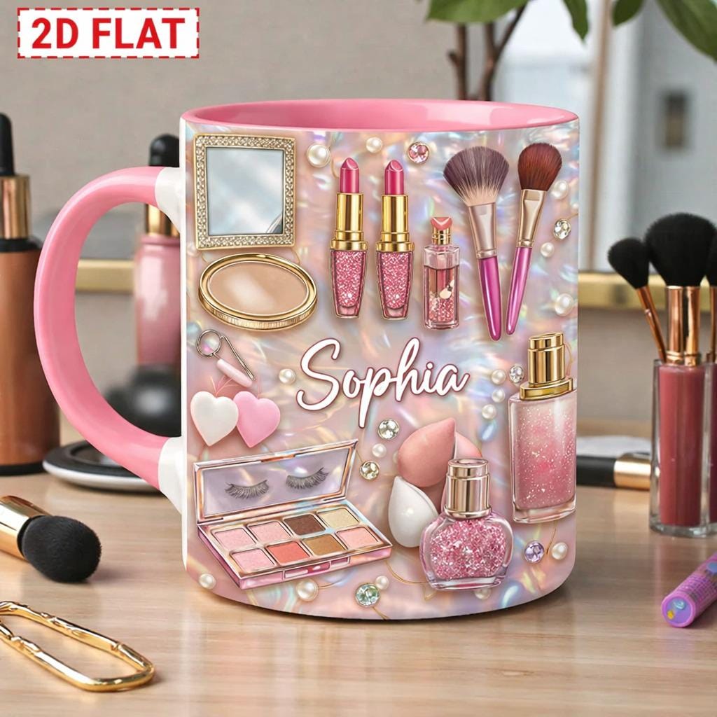 Personalized Makeup Mug, Custom Name Beauty Coffee Mug, Girly Pink Cosmetic Mug, Makeup Lover Gift, Birthday Gift for Her