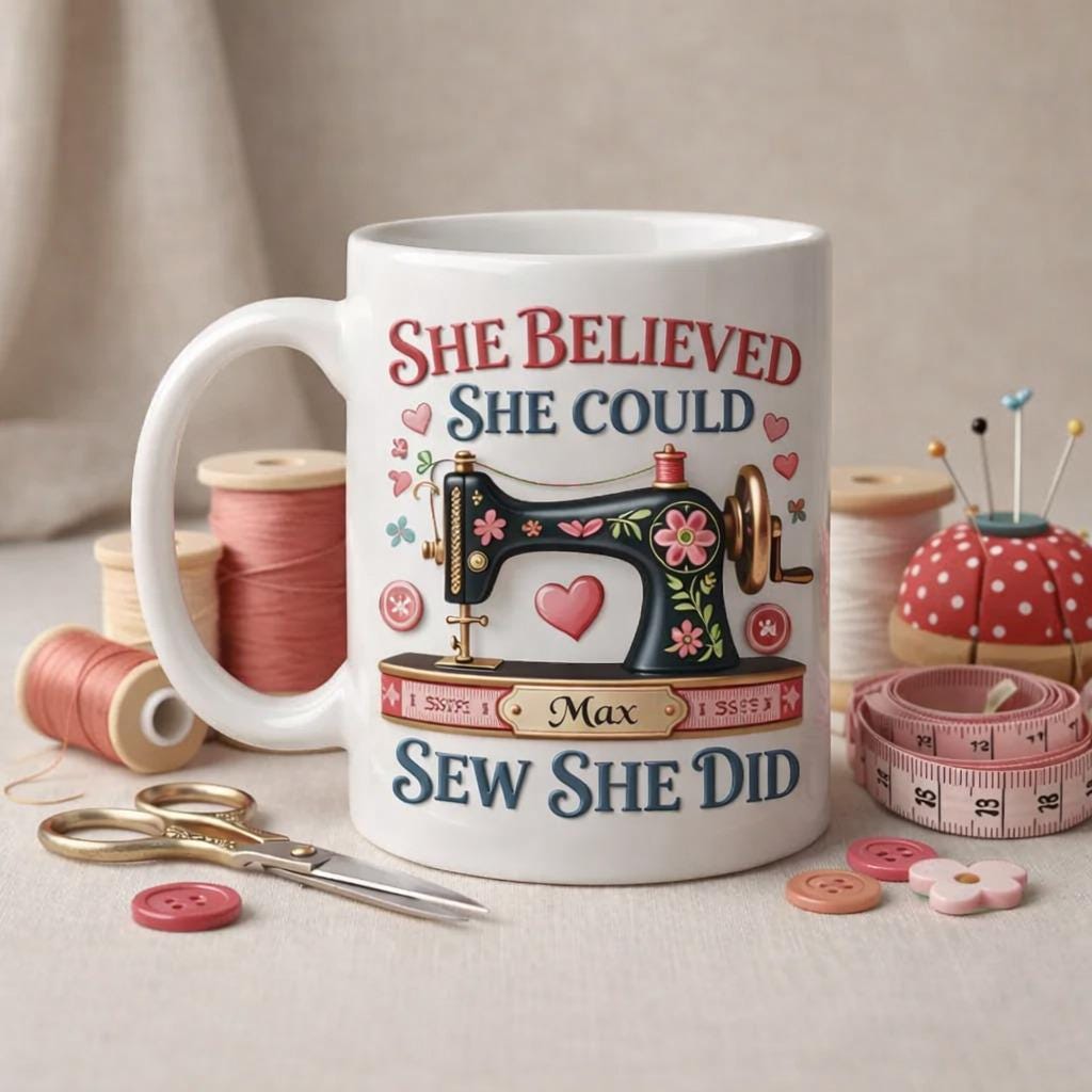 Personalized Sewing Mug with Name, She Believed She Could Sew She Did Mug, Sewing Machine Coffee Cup, Gift for Sewist