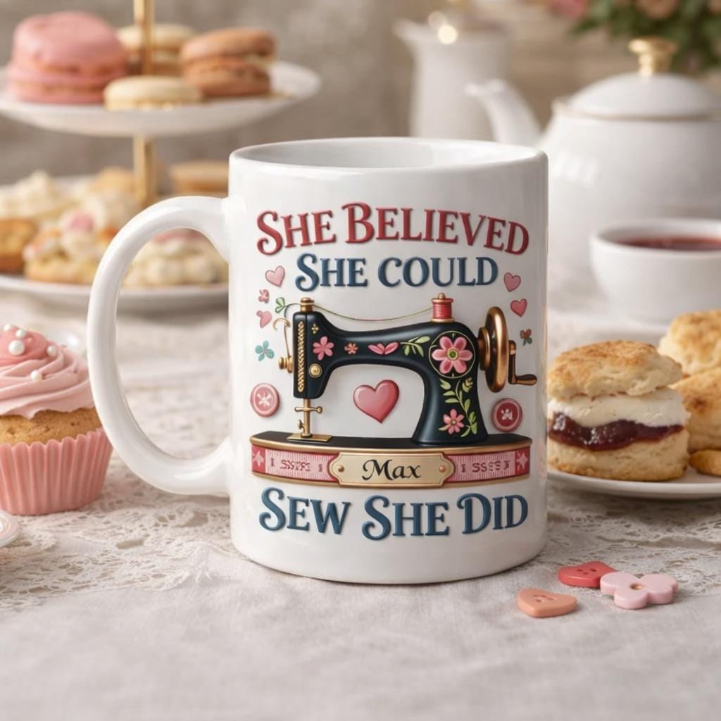 Personalized Sewing Mug with Name, She Believed She Could Sew She Did Mug, Sewing Machine Coffee Cup, Gift for Sewist