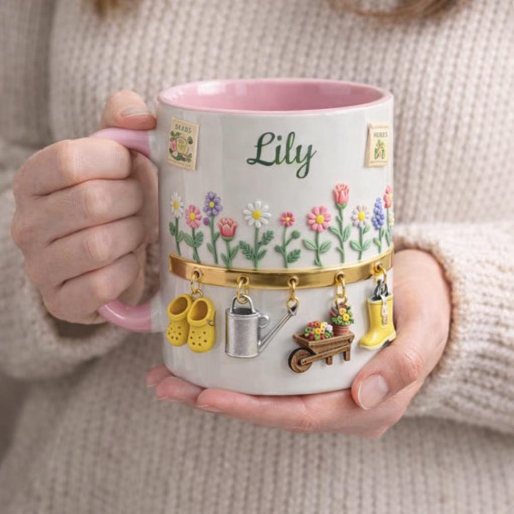 Personalized Garden Mug, Custom Name Floral Coffee Mug, Gardening Gift for Her, Cute Garden Tools Charm Mug