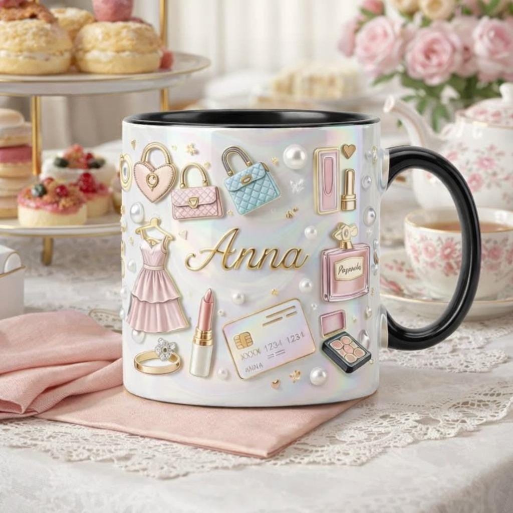 Personalized Fashion Mug | Custom Name Luxury Coffee Cup | Designer Style Mug for Her, Girly Aesthetic Gift, Chic Pink Mug