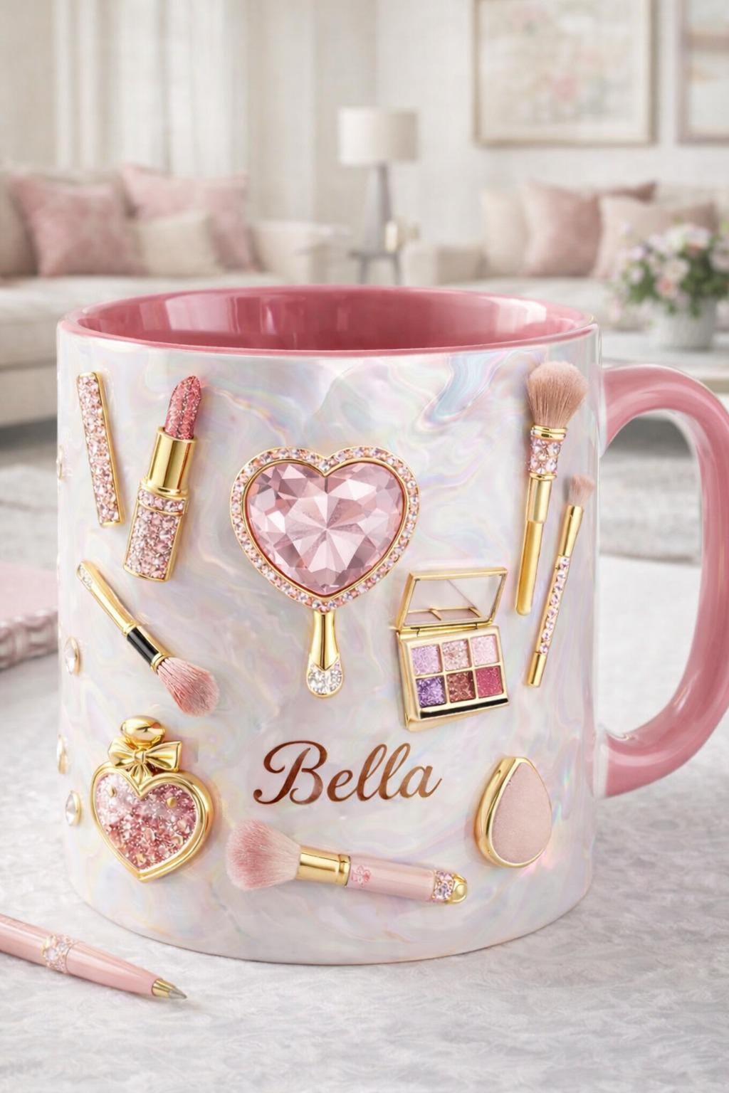 Personalized Makeup Mug | Custom Name Beauty Coffee Cup | Pink Iridescent Mug for Her, Makeup Lover Gift, Girly Aesthetic Mug