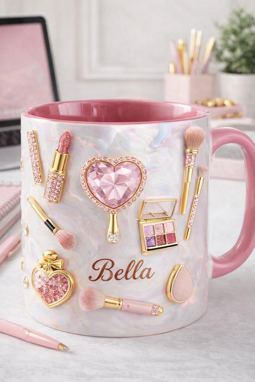 Personalized Makeup Mug | Custom Name Beauty Coffee Cup | Pink Iridescent Mug for Her, Makeup Lover Gift, Girly Aesthetic Mug
