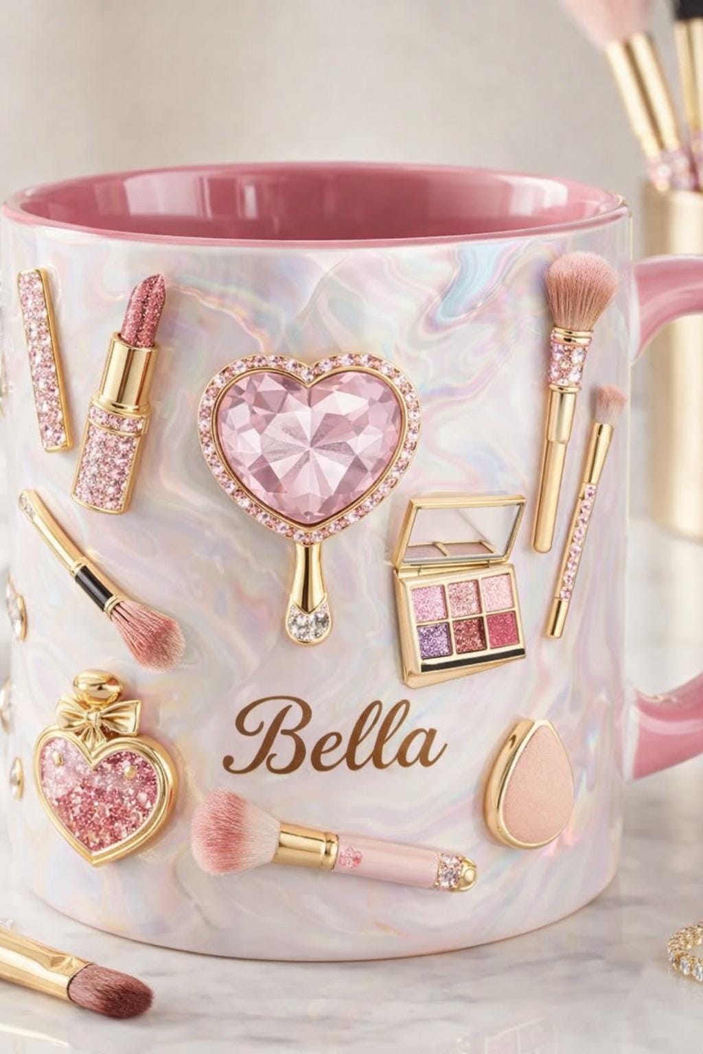 Personalized Makeup Mug | Custom Name Beauty Coffee Cup | Pink Iridescent Mug for Her, Makeup Lover Gift, Girly Aesthetic Mug