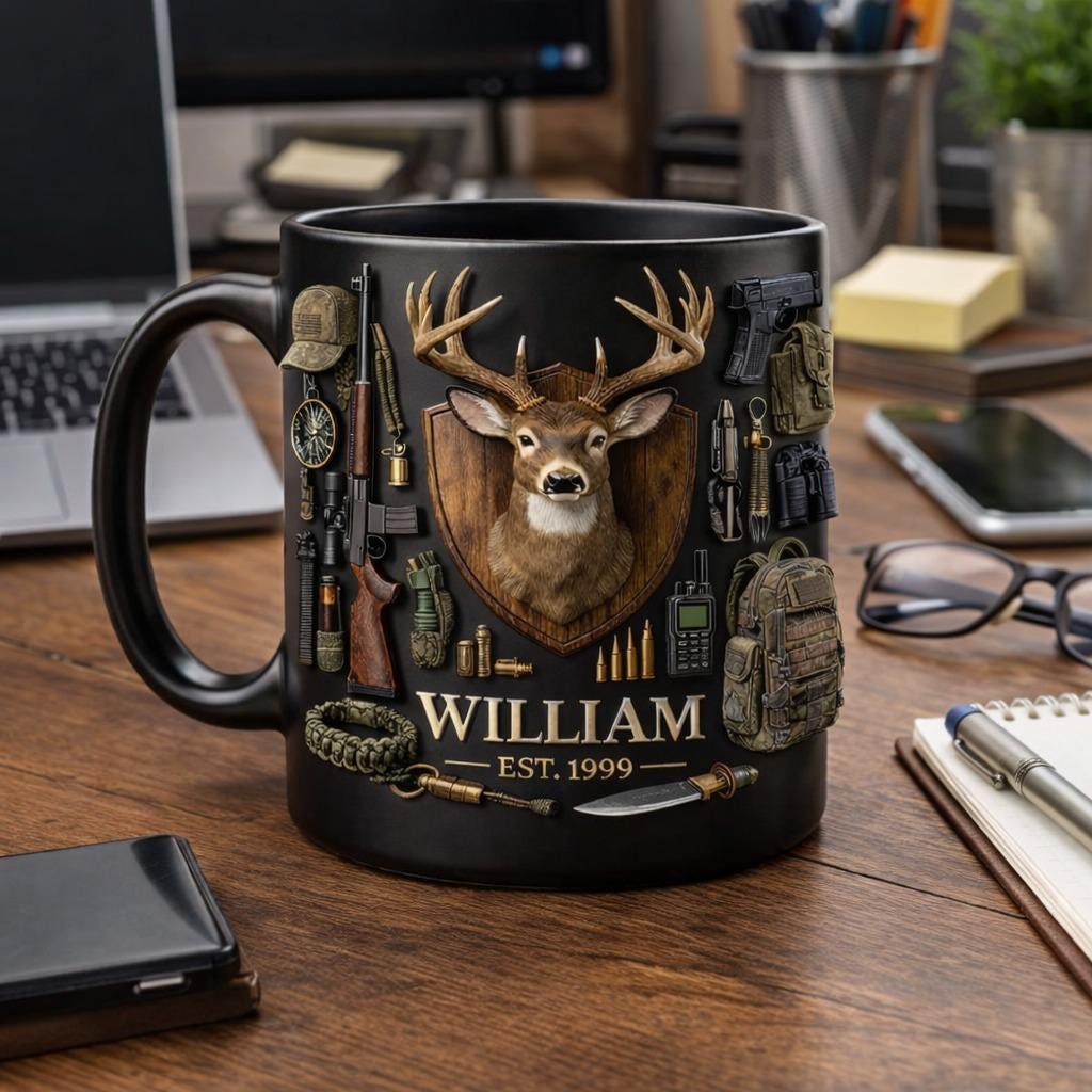 Personalized Deer Hunting Mug with Name | Custom Hunting Coffee Cup for Men | Buck Antler Tactical Gear Gift for Hunter
