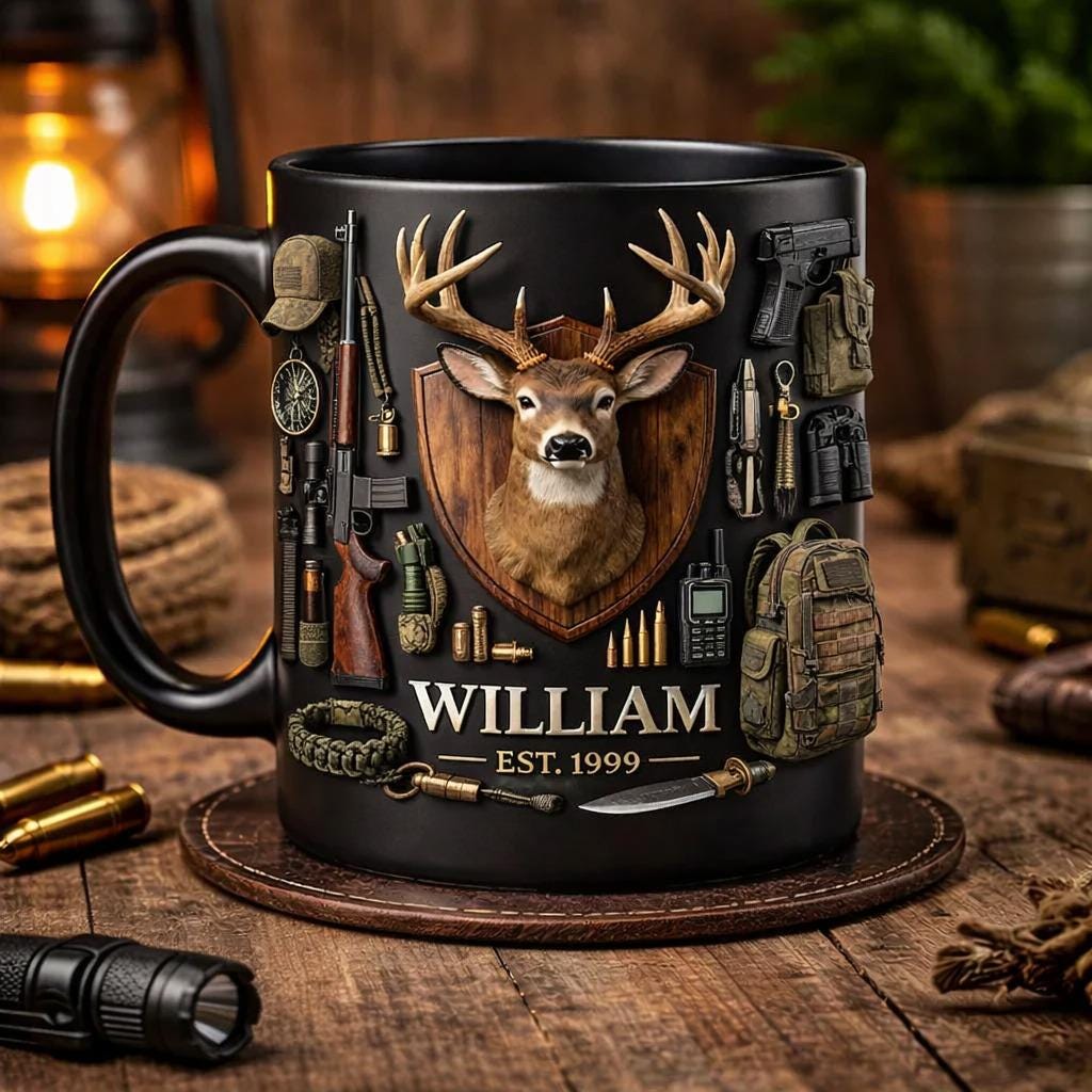 Personalized Deer Hunting Mug with Name | Custom Hunting Coffee Cup for Men | Buck Antler Tactical Gear Gift for Hunter