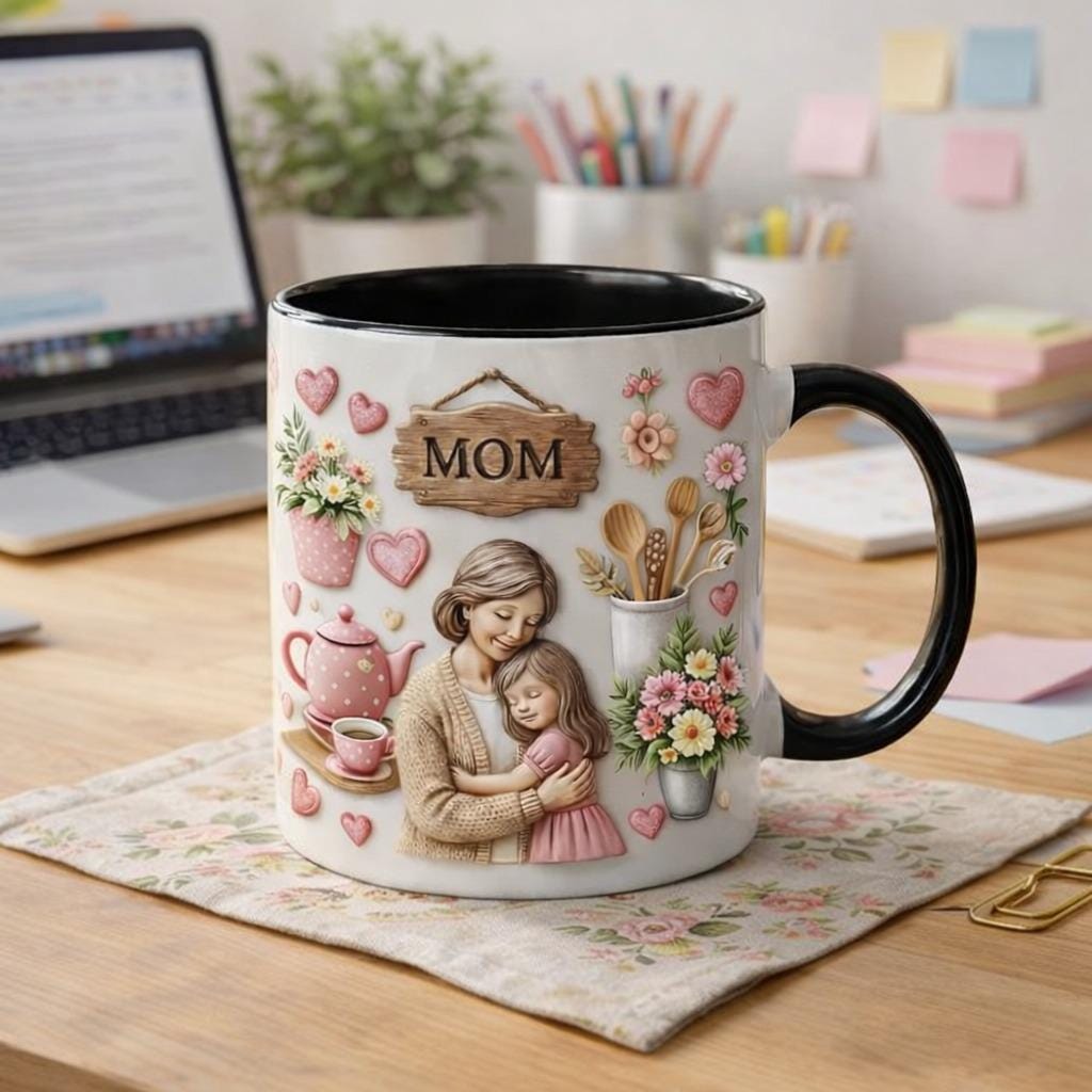 Personalized Mom Coffee Mug, Mother & Daughter Illustration, Heartwarming Gift for