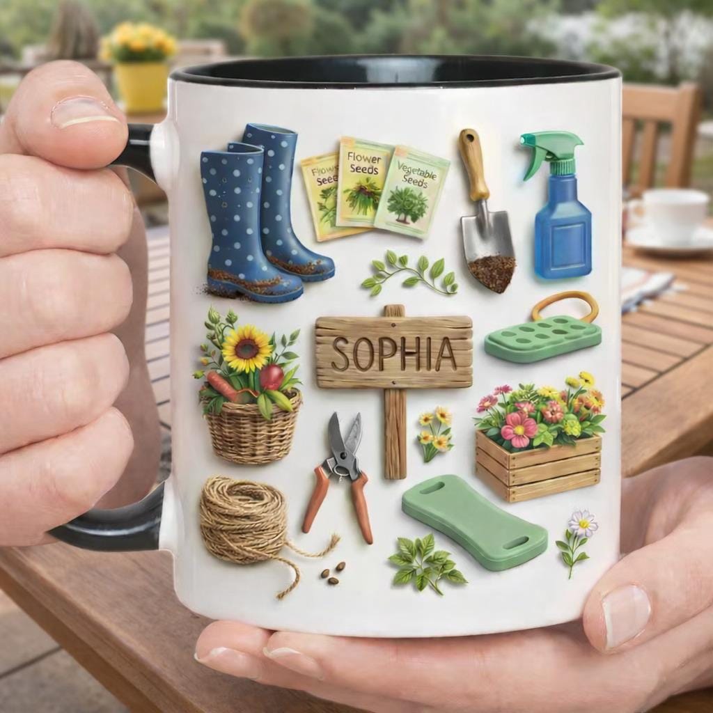 Personalized Gardening Mug, Custom Name Garden Tools Mug, Gardening Gift for Mom Grandma