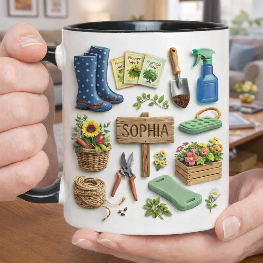 Personalized Gardening Mug, Custom Name Garden Tools Mug, Gardening Gift for Mom Grandma