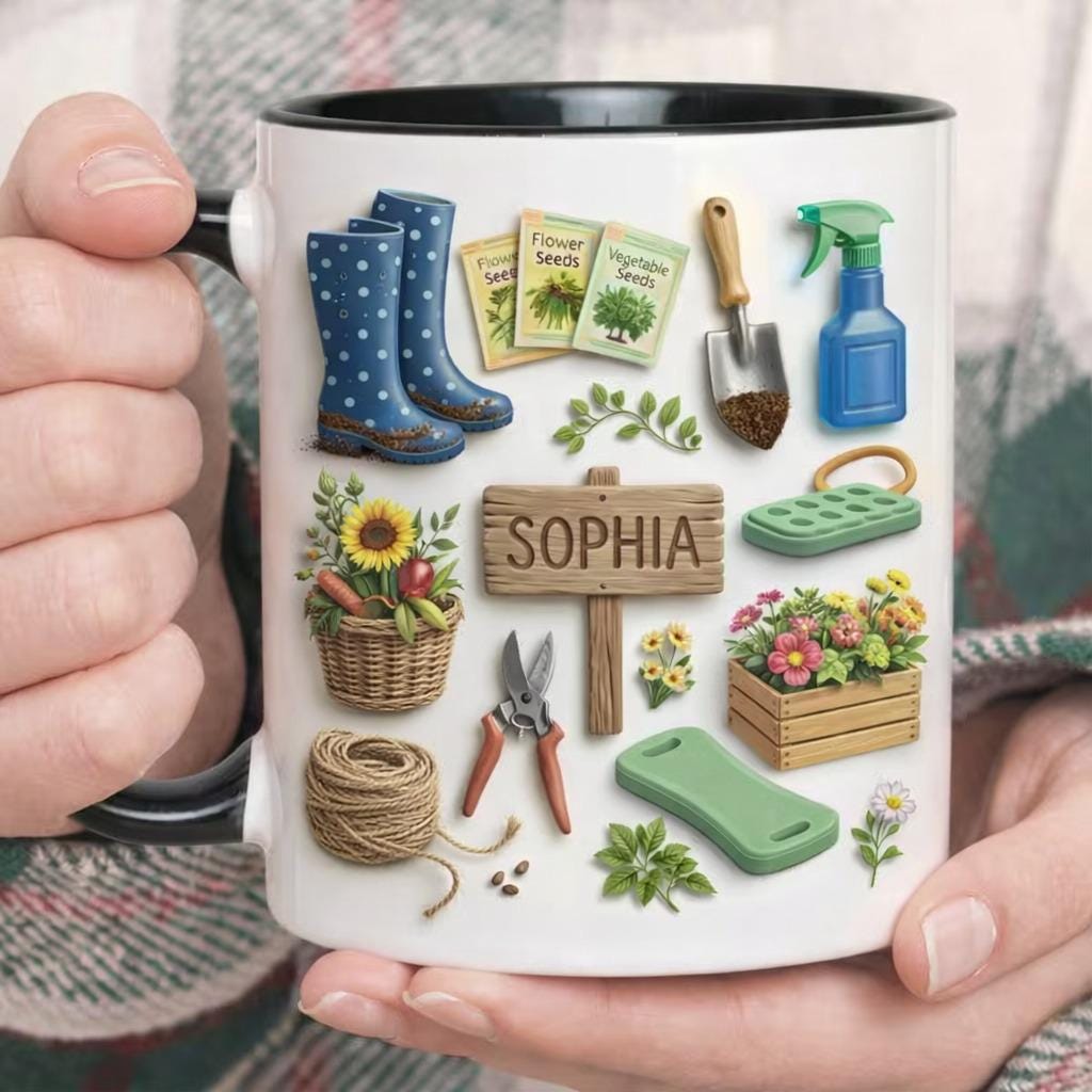 Personalized Gardening Mug, Custom Name Garden Tools Mug, Gardening Gift for Mom Grandma