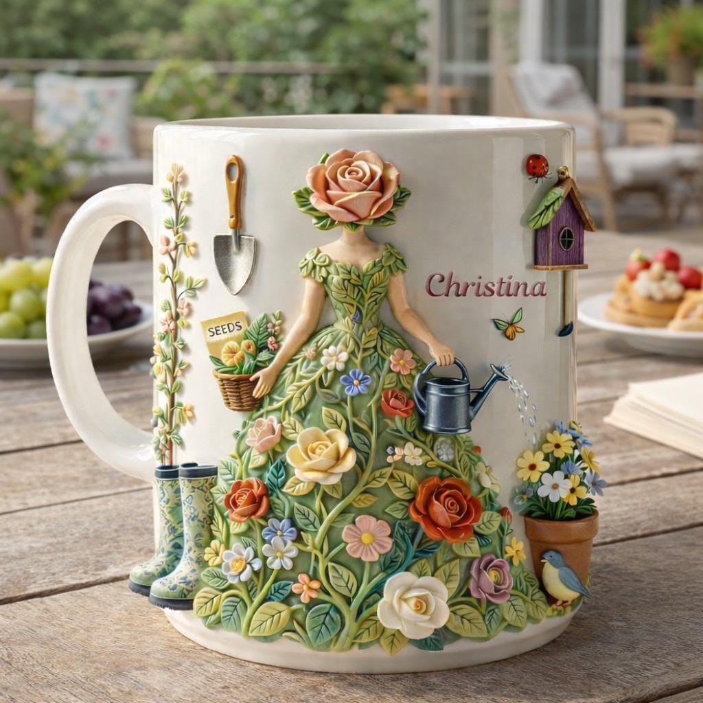 Personalized Garden Lady Mug, Custom Name Floral Dress Mug, Cottagecore Gardening Gift for Her
