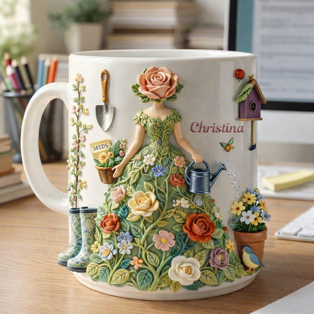 Personalized Garden Lady Mug, Custom Name Floral Dress Mug, Cottagecore Gardening Gift for Her