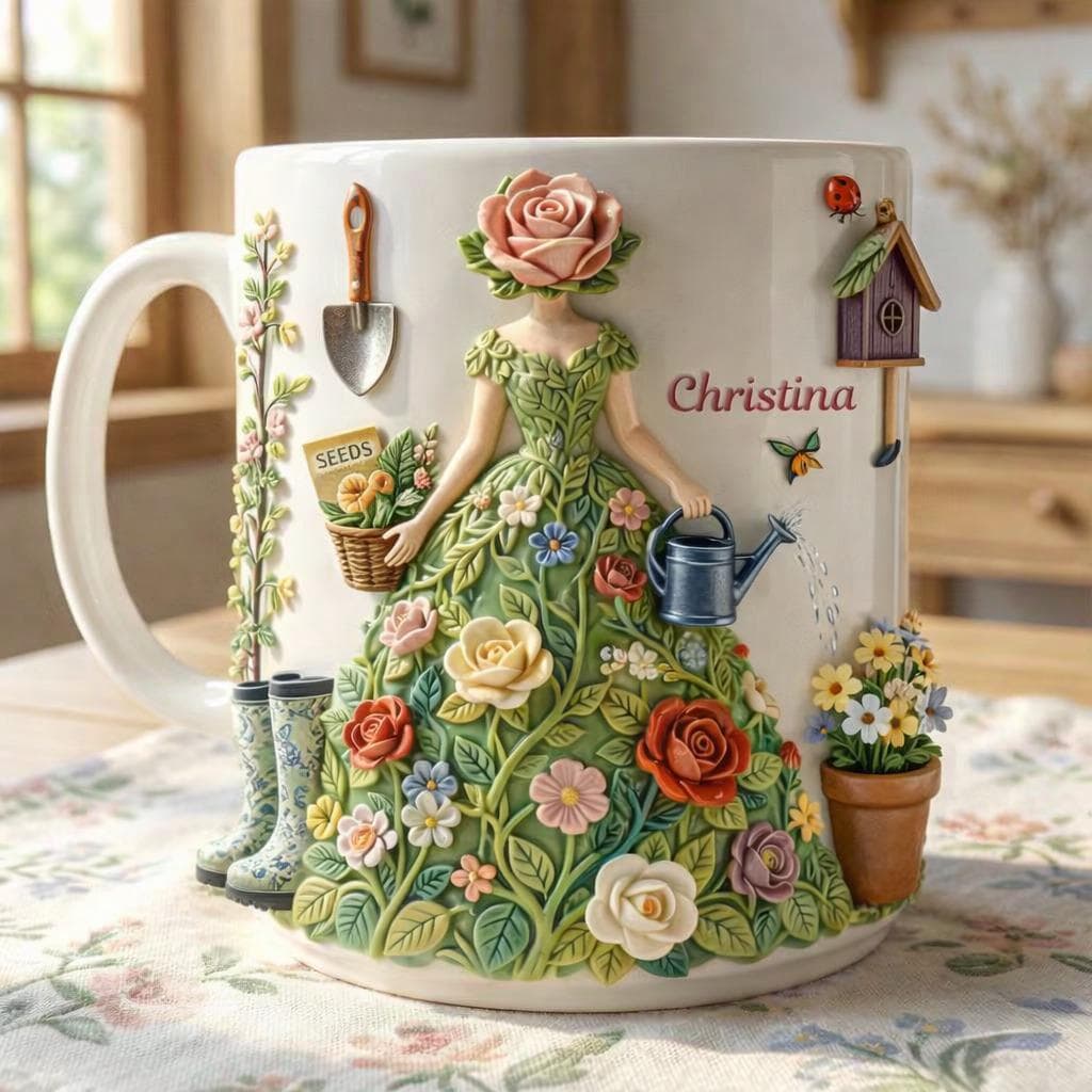 Personalized Garden Lady Mug, Custom Name Floral Dress Mug, Cottagecore Gardening Gift for Her