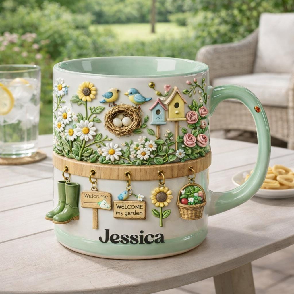 Personalized Garden Coffee Mug, Custom Name Floral Bird Mug, Cottagecore Gardening Gift for Her
