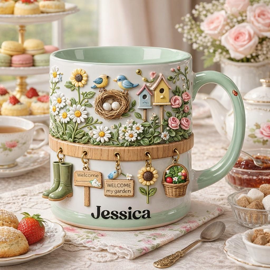 Personalized Garden Coffee Mug, Custom Name Floral Bird Mug, Cottagecore Gardening Gift for Her