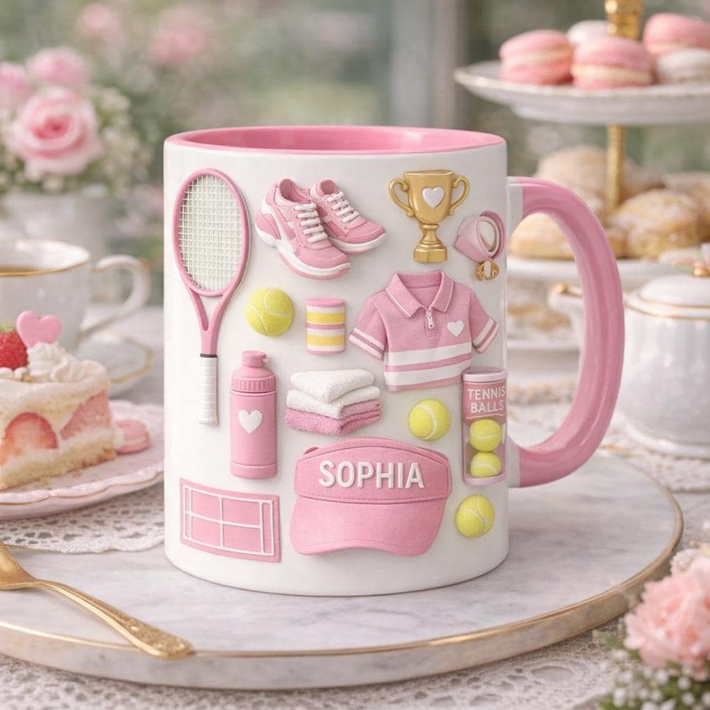 Personalized Tennis Mug, Custom Name Tennis Coffee Mug, Pink Tennis Lover Gift, Tennis Player Gift for Women Girls