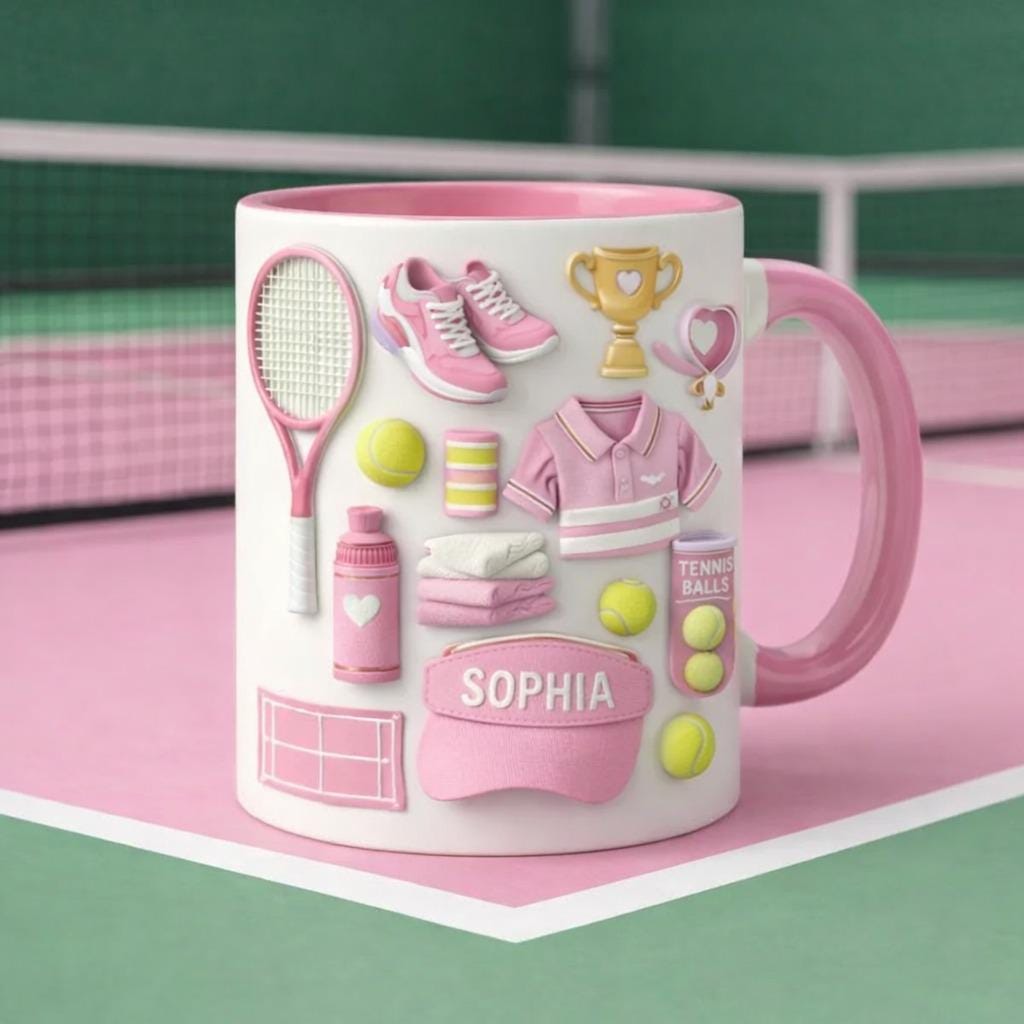 Personalized Tennis Mug, Custom Name Tennis Coffee Mug, Pink Tennis Lover Gift, Tennis Player Gift for Women Girls