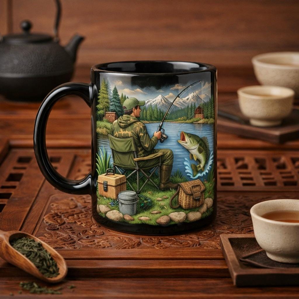 Fishing Coffee Mug, Angler Lake Scene Mug, Bass Fishing Illustration Cup, Fisherman Gift for Dad Husband