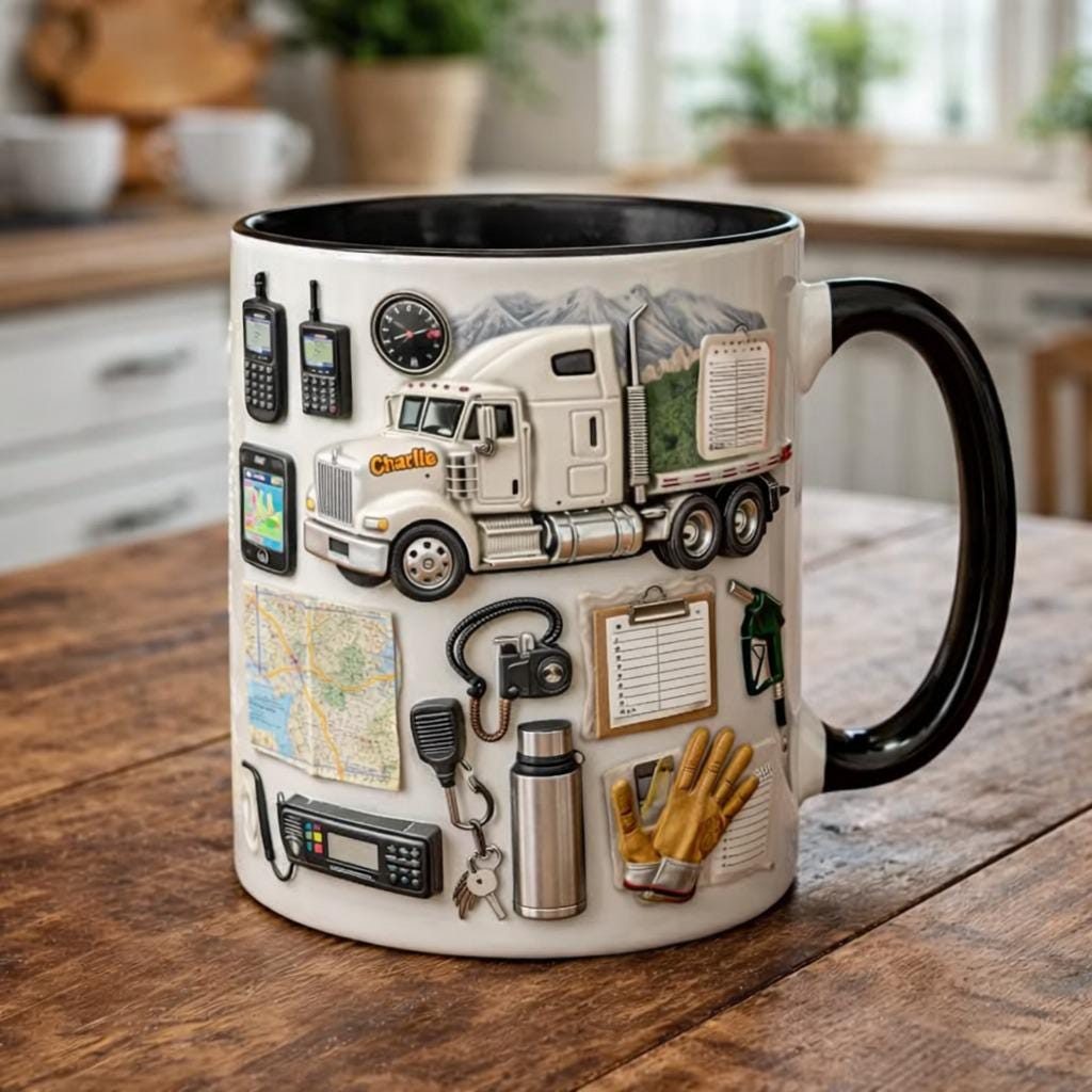 Personalized Truck Driver Coffee Mug, Custom Name Semi Truck Mug, Trucker Gear Illustration Cup, Gift for Truckers Dad Husband