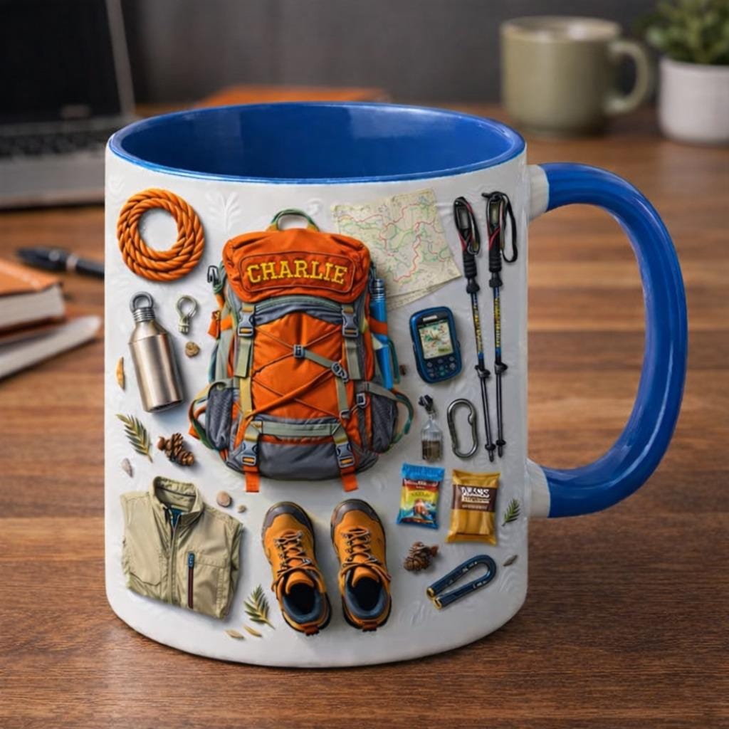 Personalized Hiking Coffee Mug, Custom Name Backpacking Mug, Outdoor Adventure Gear Cup, Hiking Gift for Him