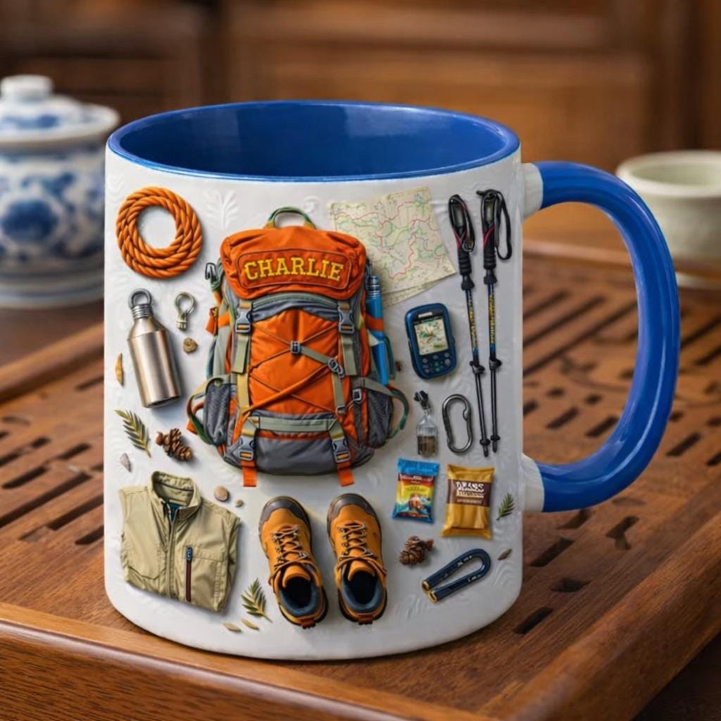 Personalized Hiking Coffee Mug, Custom Name Backpacking Mug, Outdoor Adventure Gear Cup, Hiking Gift for Him