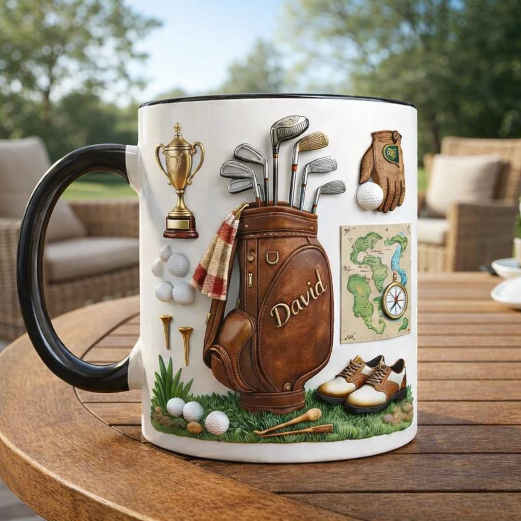 Personalized Golf Bag Coffee Mug, Custom Name Golfer Mug, Golf Clubs Illustration Cup, Golf Lover Gift for Dad Husband