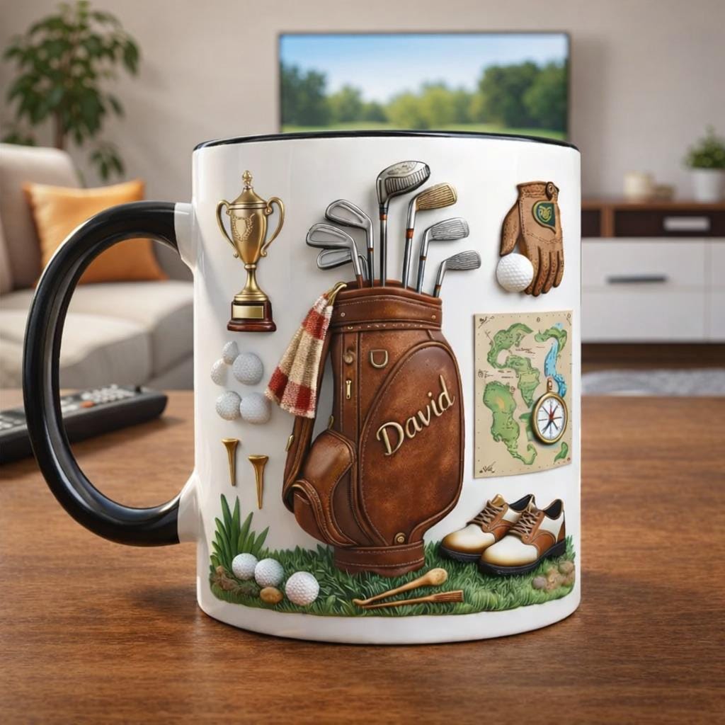 Personalized Golf Bag Coffee Mug, Custom Name Golfer Mug, Golf Clubs Illustration Cup, Golf Lover Gift for Dad Husband