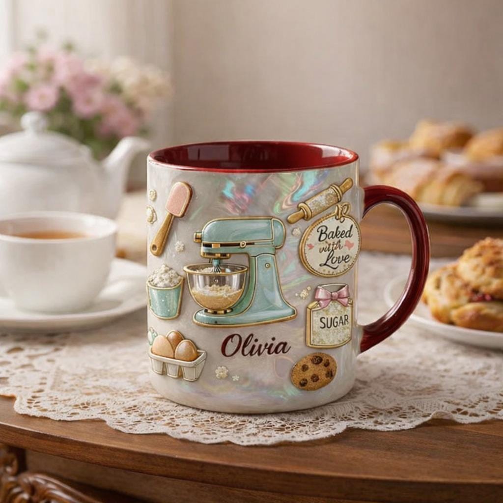 Personalized Baking Mug with Name, Custom Baker Ceramic Coffee Cup, Baked with Love Mug, Gift for Baker, Baking Lover Gift