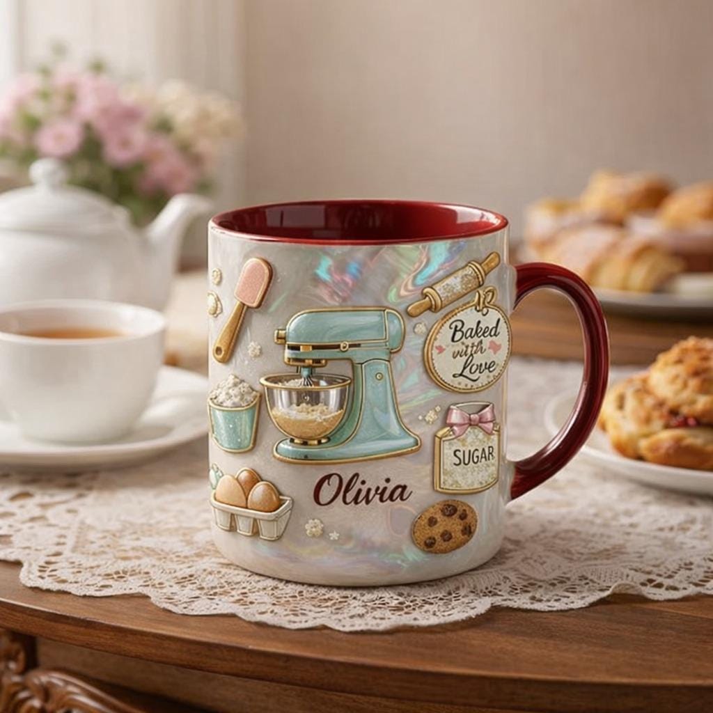 Personalized Baking Mug with Name, Custom Baker Ceramic Coffee Cup, Baked with Love Mug, Gift for Baker, Baking Lover Gift