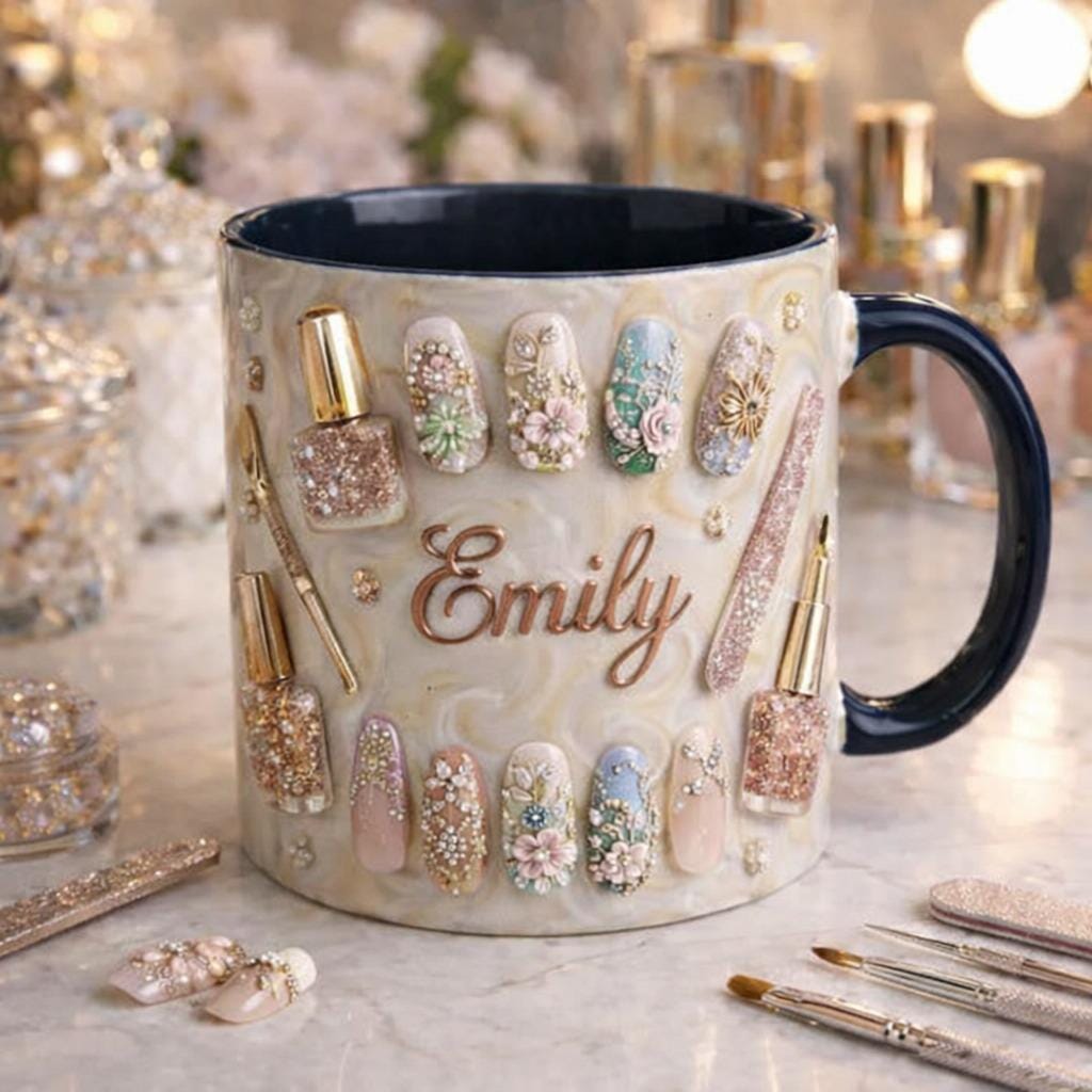 Personalized Nail Tech Mug with Name, Luxury Nail Art Ceramic Coffee Cup, Manicurist Gift, Nail Artist Gift for Her