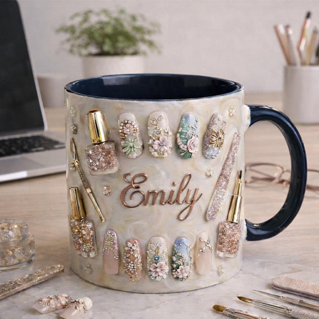 Personalized Nail Tech Mug with Name, Luxury Nail Art Ceramic Coffee Cup, Manicurist Gift, Nail Artist Gift for Her