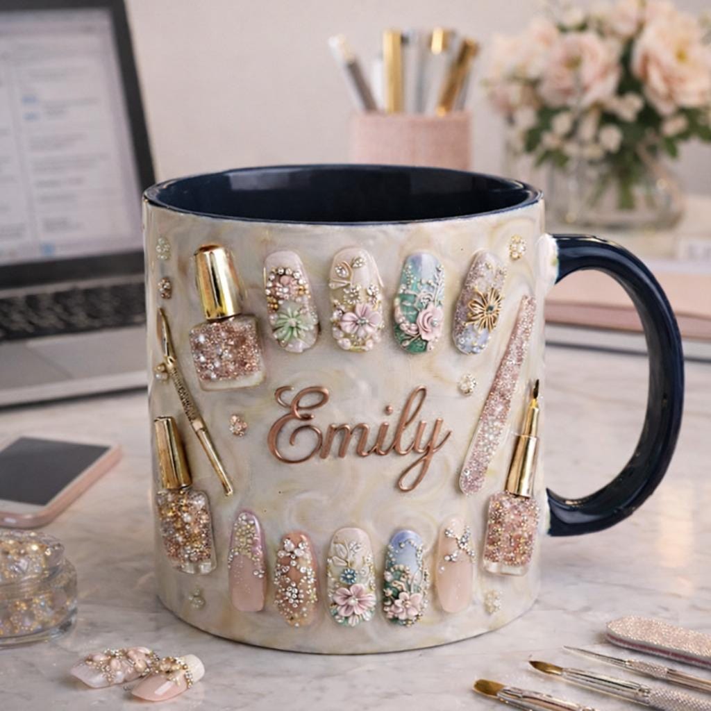 Personalized Nail Tech Mug with Name, Luxury Nail Art Ceramic Coffee Cup, Manicurist Gift, Nail Artist Gift for Her