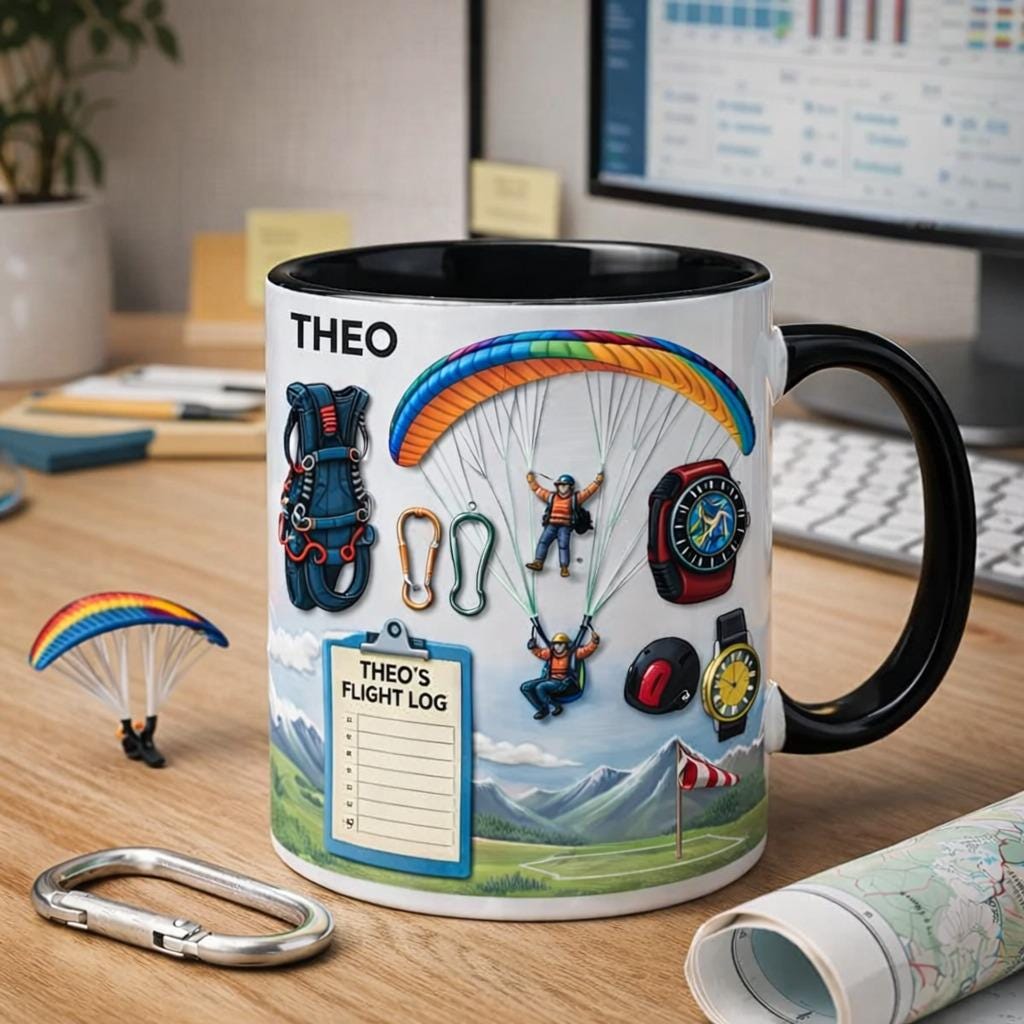 Personalized Paragliding Coffee Mug, Custom Name Paraglider Mug, Paragliding Gear Illustration Cup, Adventure Gift for Him