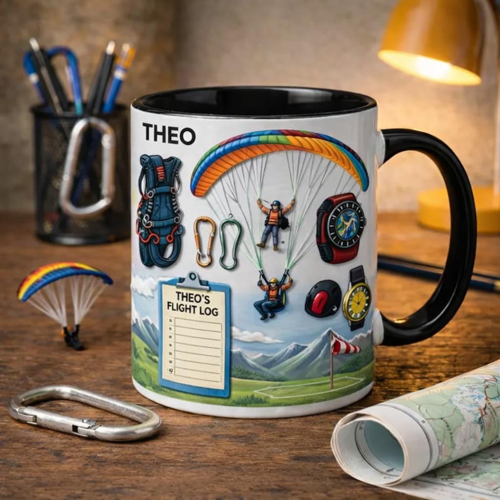 Personalized Paragliding Coffee Mug, Custom Name Paraglider Mug, Paragliding Gear Illustration Cup, Adventure Gift for Him