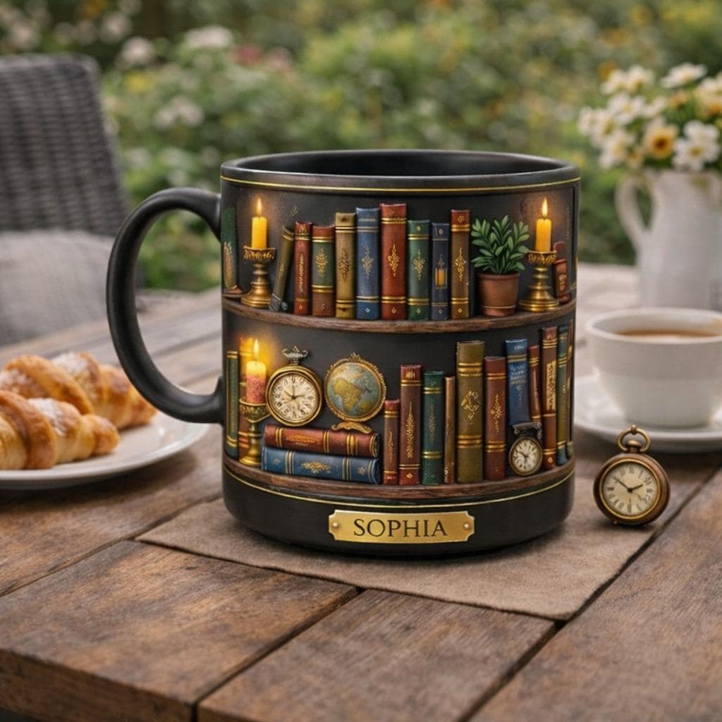 Personalized Book Lover Mug, Custom Name Library Bookshelf Coffee Mug, Vintage Bookish Gift for Readers, Writer Gift