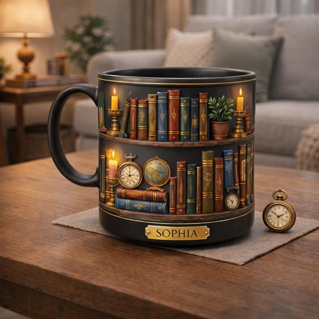 Personalized Book Lover Mug, Custom Name Library Bookshelf Coffee Mug, Vintage Bookish Gift for Readers, Writer Gift