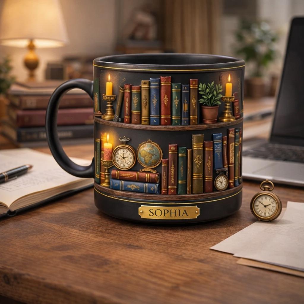 Personalized Book Lover Mug, Custom Name Library Bookshelf Coffee Mug, Vintage Bookish Gift for Readers, Writer Gift