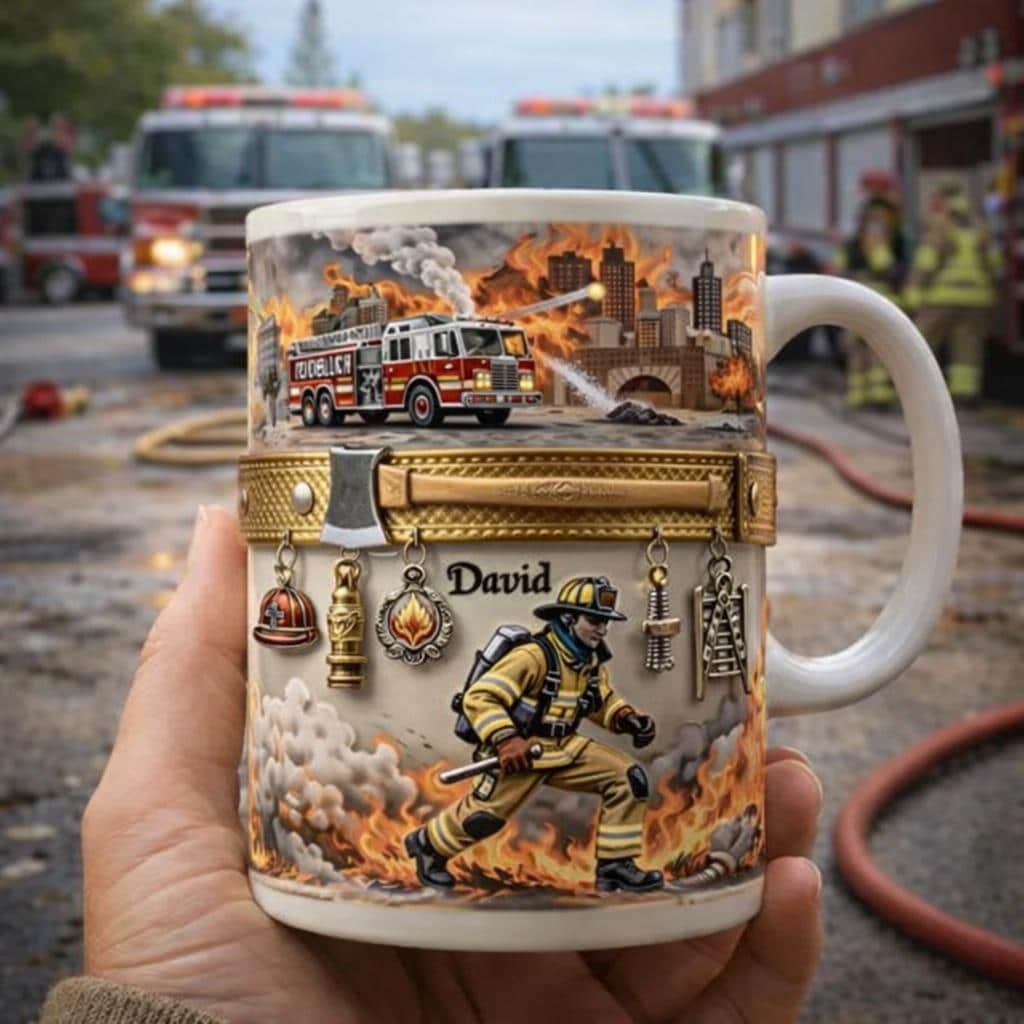 Personalized Firefighter Mug, Custom Name Fireman Coffee Mug, Firefighter Gear Gift, First Responder Fire Dept Cup