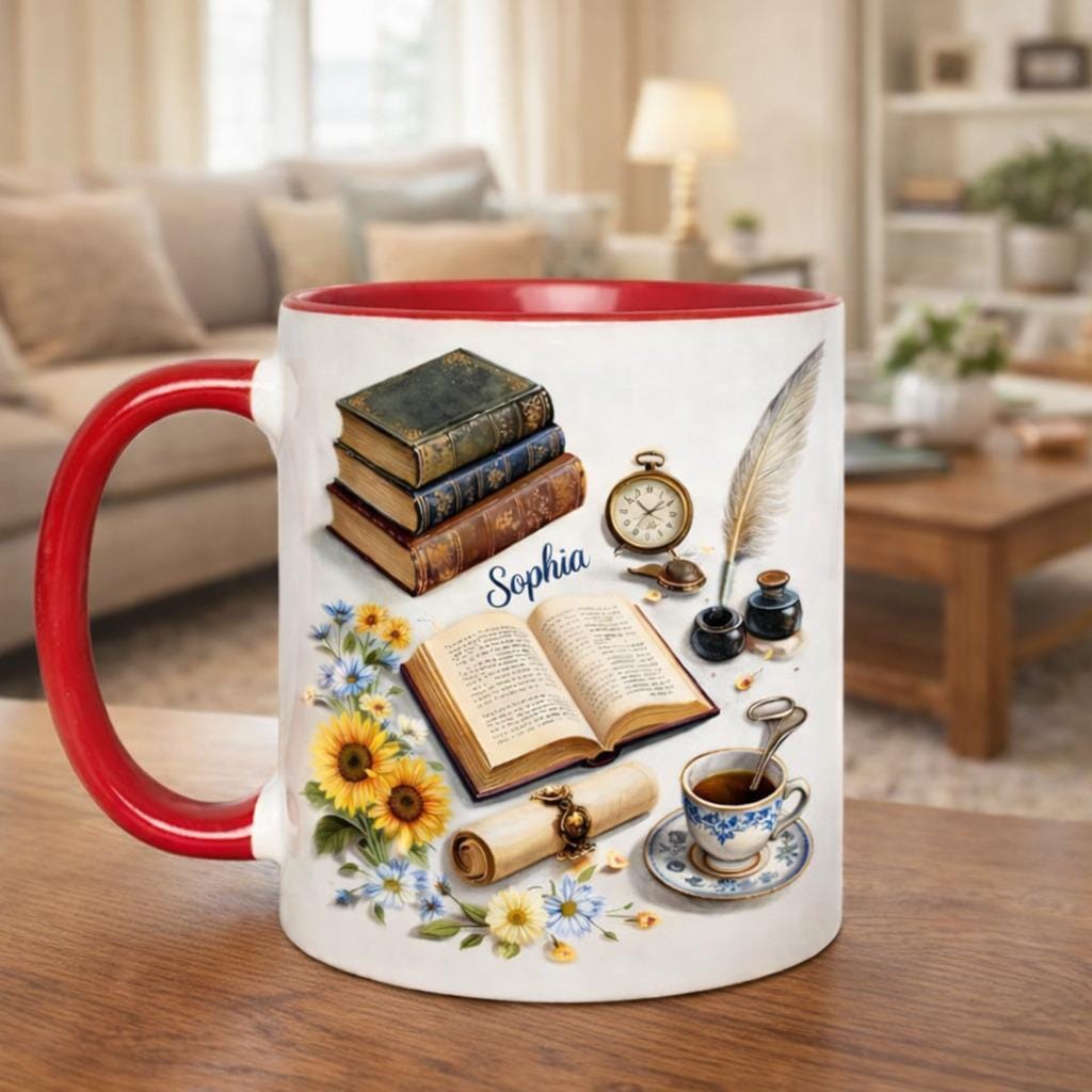 Personalized Book Lover Mug, Custom Name Reading Coffee Mug, Vintage Books Tea Cup, Gift for Readers & Writers