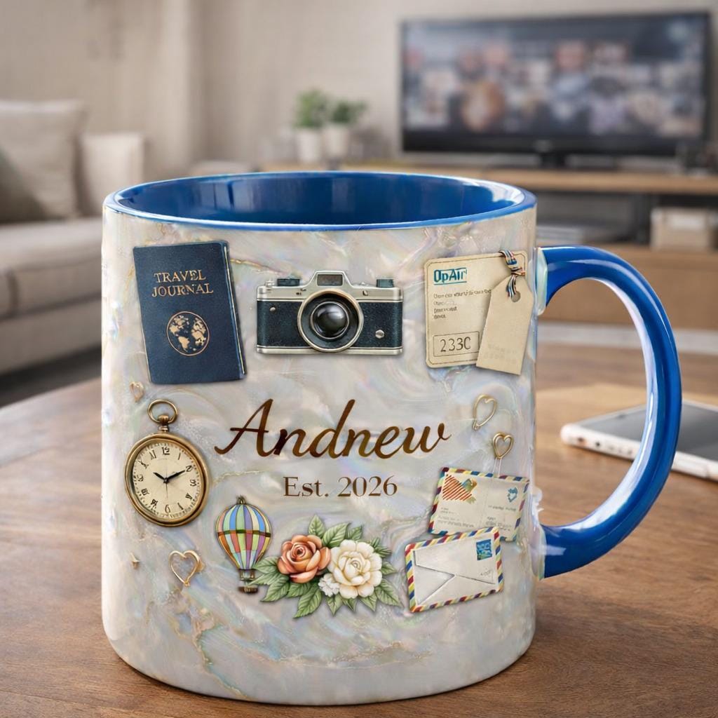 Personalized Travel Mug with Name, Custom Coffee Mug, Wanderlust Gift for Travelers, Adventure Lover Mug, Unique Birthday Gift, Est Year Mug