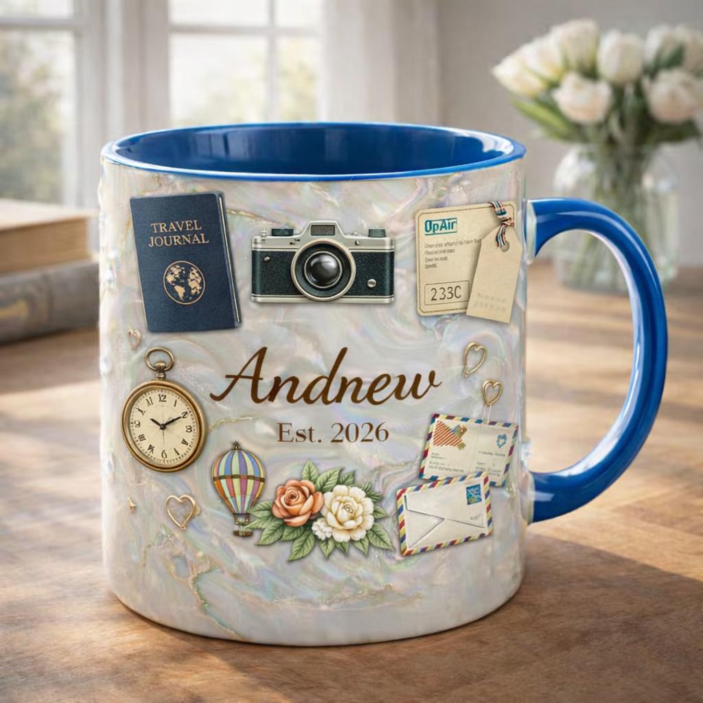 Personalized Travel Mug with Name, Custom Coffee Mug, Wanderlust Gift for Travelers, Adventure Lover Mug, Unique Birthday Gift, Est Year Mug
