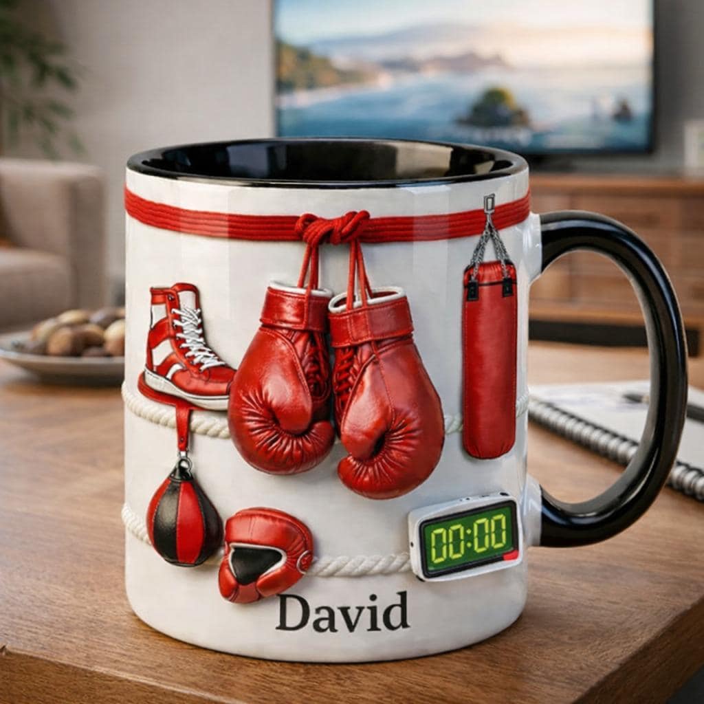 Personalized Boxing Coffee Mug with Name, Boxing Gloves & Gym Gear Ceramic Mug, Fighter Training Cup, Gift for Boxer or Coach